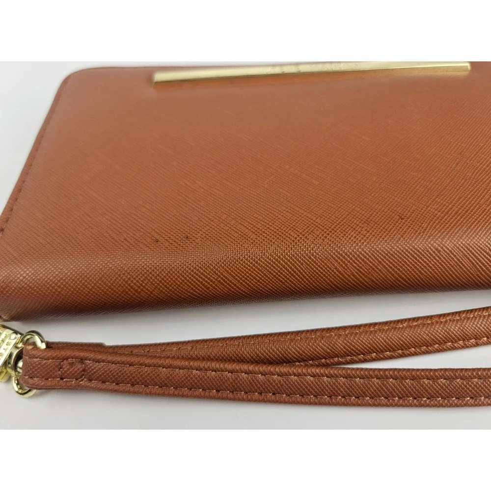 Steve Madden‎ Zip Around Wristlet Wallet Cognac Brown Saffiano Gold Hardware
